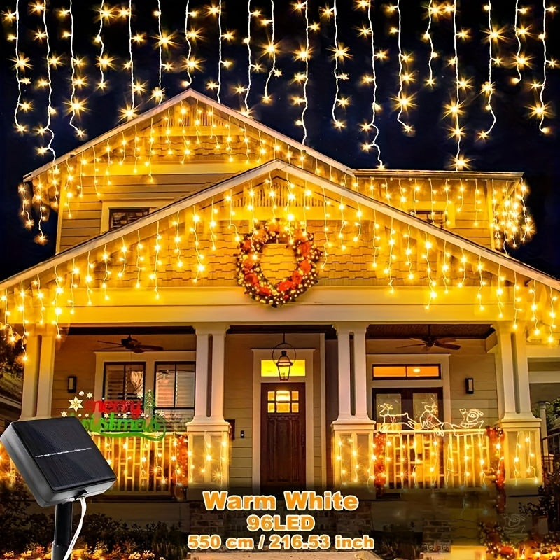 1个太阳能LED冰凌灯串，216.14英寸96LED/354.72英寸162LED灯，8种照明模式，非常适合花园、屋檐、露台、餐厅、房车、帐篷、派个、婚礼、圣诞节、万圣节、新年和户外装饰