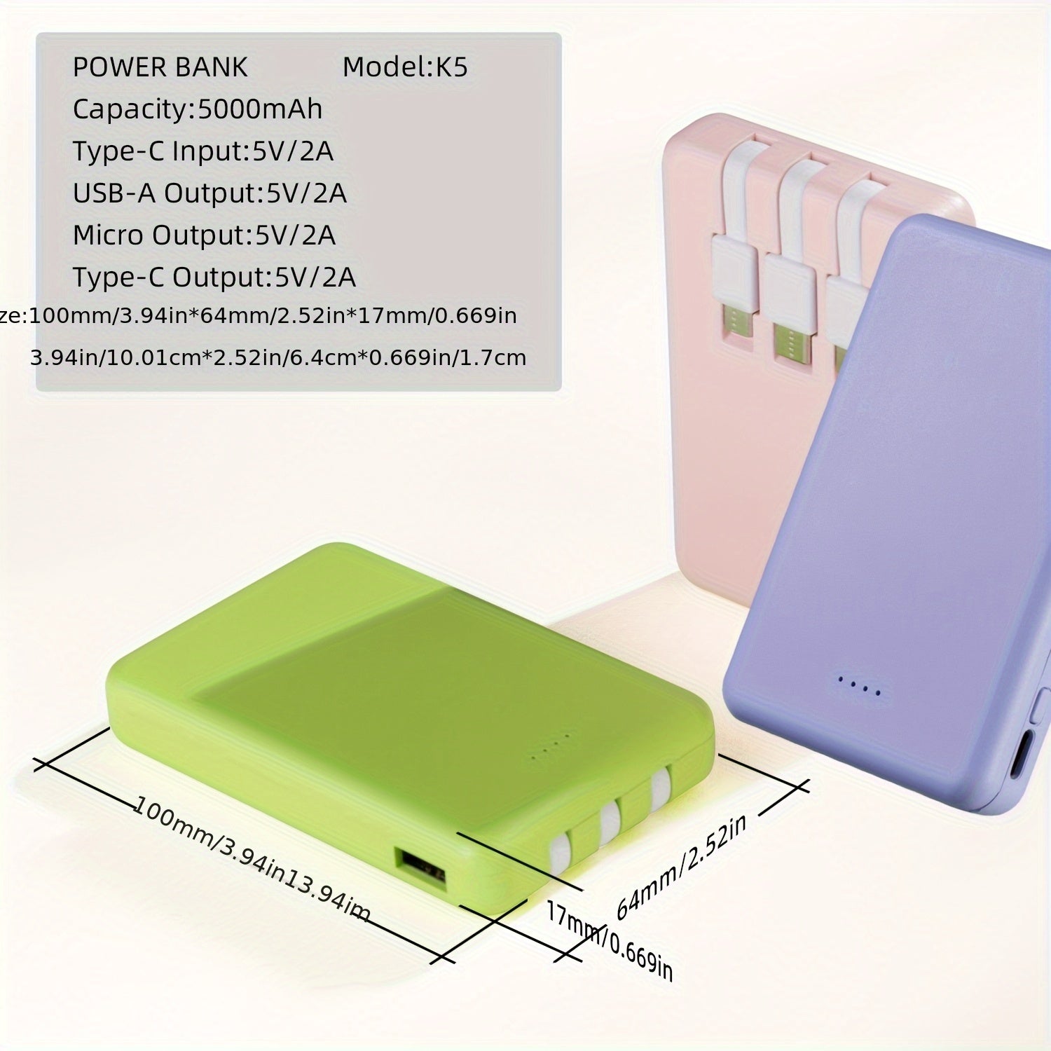 Portable Power Bank, Lightweight And Compact, 5000mAh/10000mAh, Mini Version with Built-in Cable, Can Charge 4 Devices Simultaneously with Type-C Input, LED Indicator Showing Remaining Capacity, Easy to Carry, Compact Charger with Built-in USB-C