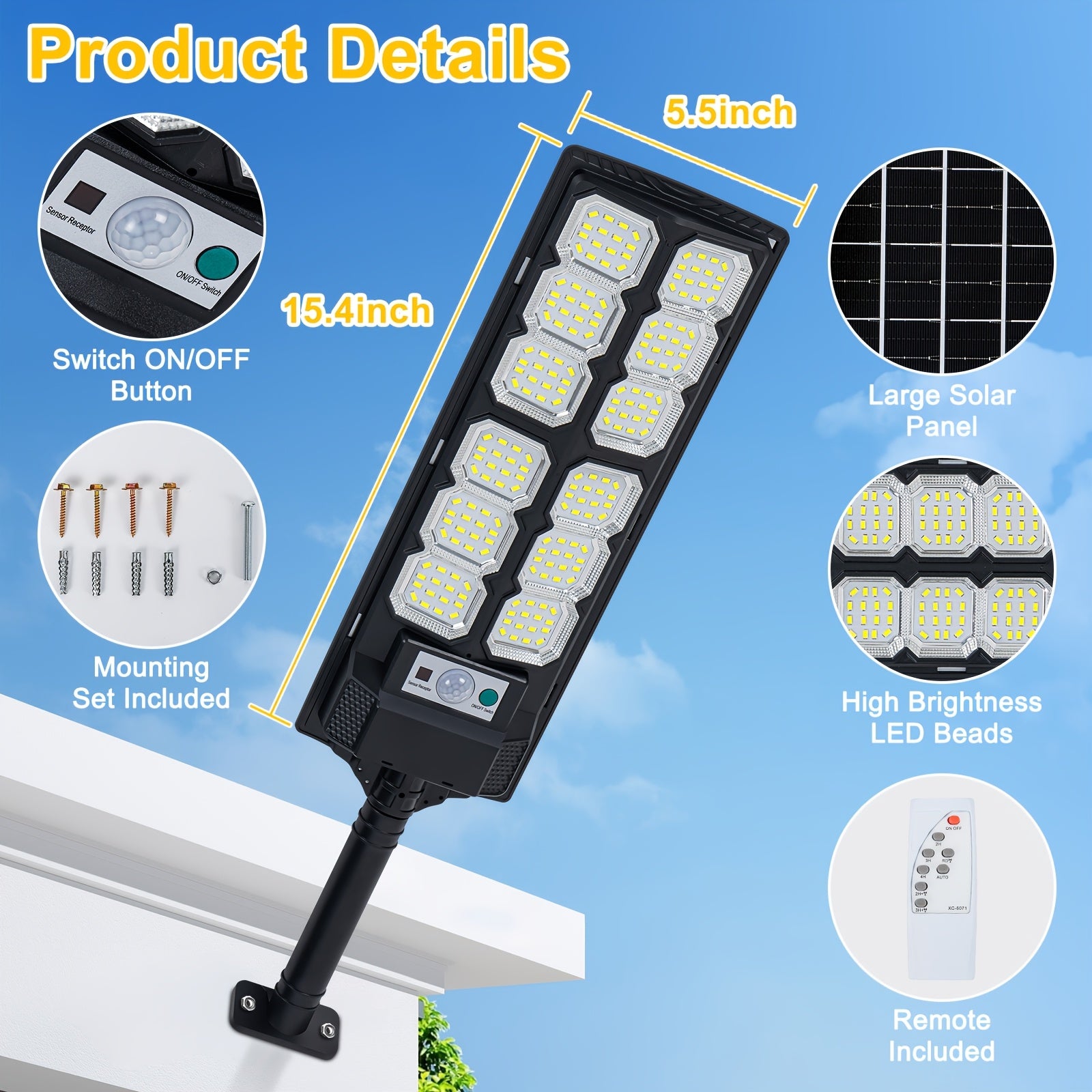 Super Bright LED Solar Street Light, Outdoor Waterproof Parking Lot Light, Garden Solar Lighting (Dusk to Dawn), Wide Angle Motion Sensor and Remote Control, Perfect for Garden, Patio and Road Lighting