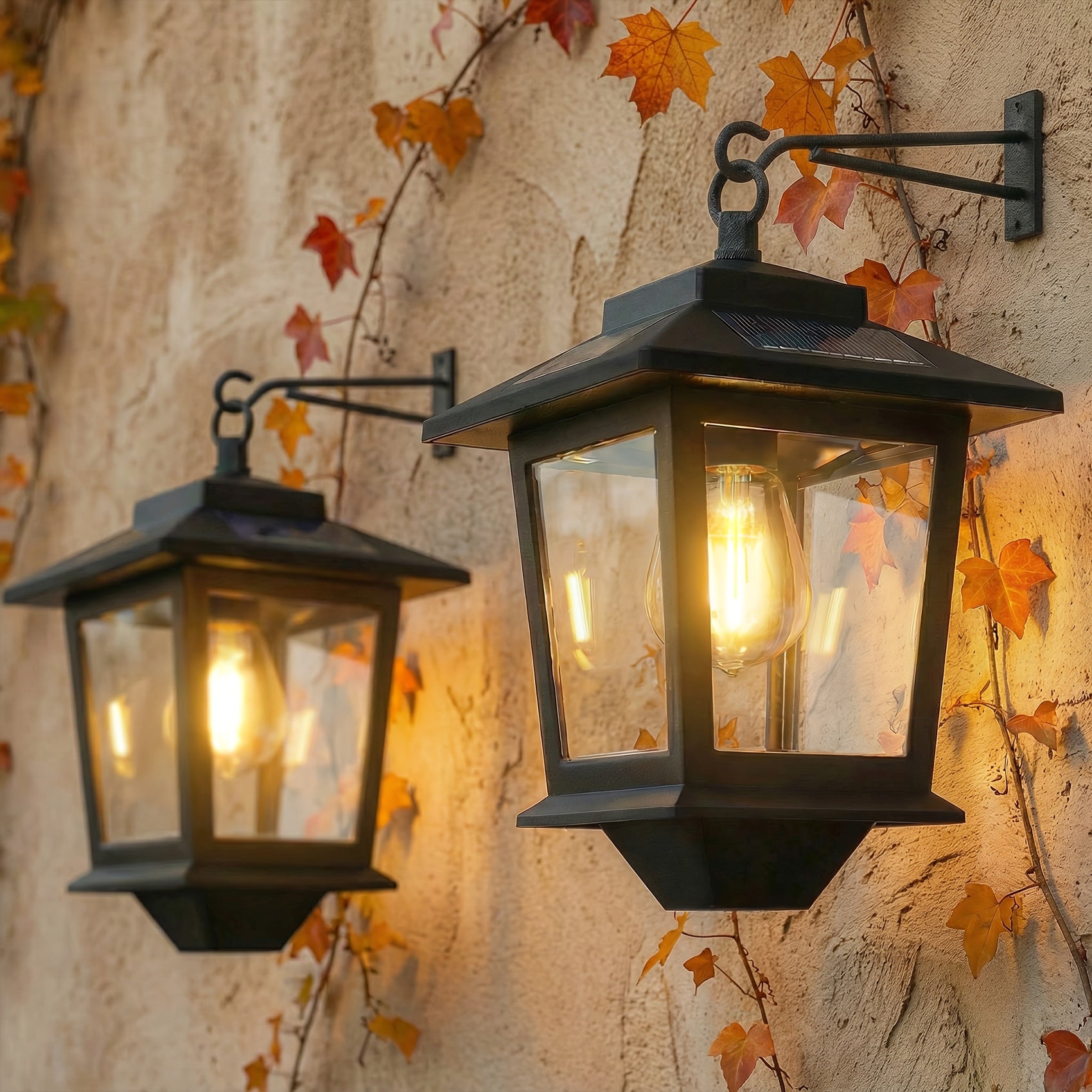2-Pack IP44 Waterproof Solar Outdoor Wall Light - Dusk to Dawn LED Wall Light with 4 Solar Panels and Hooks, Rust-Proof Design and Replaceable Bulb, Bright Decorative Solar Light for Yard, Perfect Holiday Gift