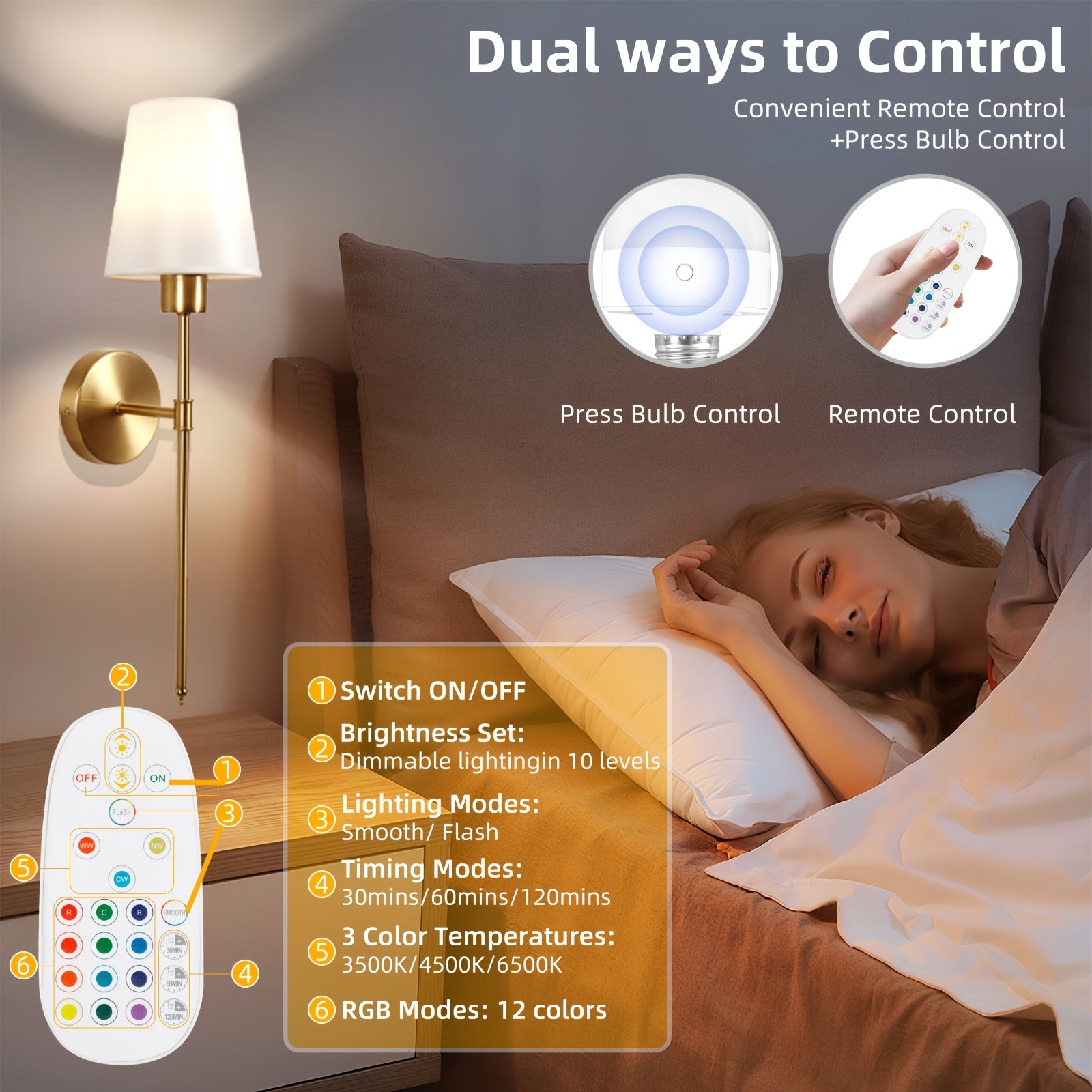 Wall Light Battery Operated Wall Light Set, Black/Gold Wireless Wall Light with Remote Control, 9 Color Modes Rechargeable Wall Light, Suitable for Bedroom Living Room, 2-Pack