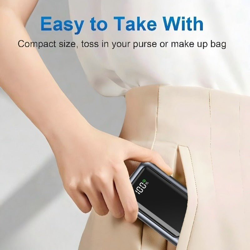 Ultra-Thin Portable Power Bank with Built-in Cable & Fast Charging Suitable for Travel, 10000mAh, USB-C Charger, LED Display, USB-C to USB-C/USB-C to USB- Cable Compatible for Smartphones Tablets Cameras, Compact Mobile Charger