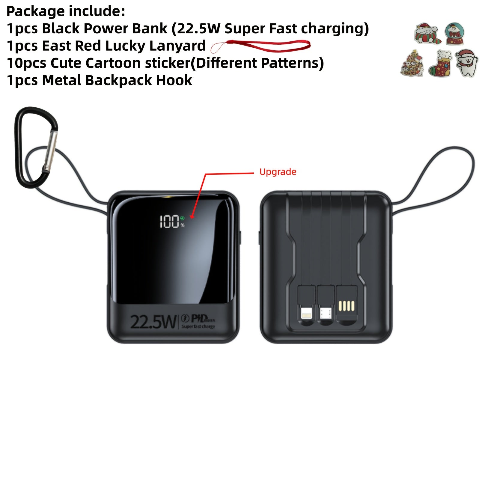 This Stylish And Compact 10, 000Mah Portable Power Bank Features Fast Charging at 5W, 15W, And 22.5W, with a Real-Time Battery Display And a Convenient Lanyard Design. It Includes a Bright LED Light And Comes with a Detachable 4-In-1 Cable