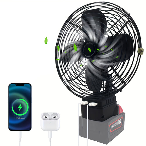 18V/20V Battery Powered Portable Cordless Fan, Cordless Working Fan with Battery Supply, 20W 3500RPM Brushless Motor Fan with Low Voltage Protection, Industrial Grade USB Port (Battery Not Included)