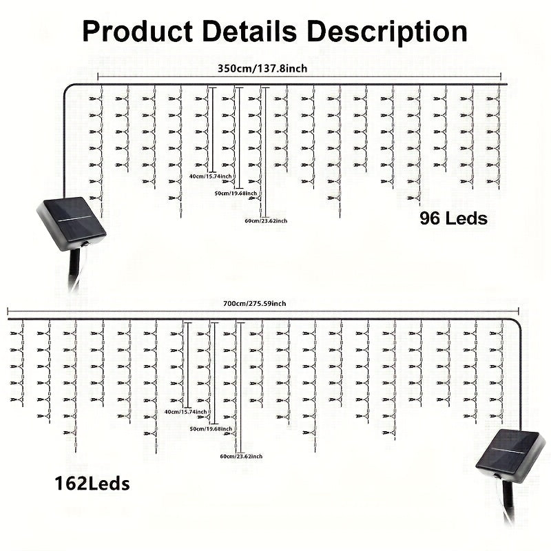 1个太阳能LED冰凌灯串，216.14英寸96LED/354.72英寸162LED灯，8种照明模式，非常适合花园、屋檐、露台、餐厅、房车、帐篷、派个、婚礼、圣诞节、万圣节、新年和户外装饰
