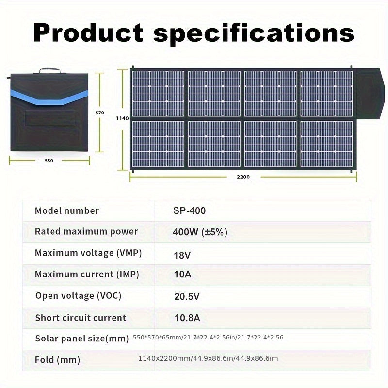 400W/200W/100W 可攜式太陽能板，可折疊太陽能毯，單晶高功率太陽能板，太陽能電池效率高達 23%，適用於戶外探險船用電站、花園、庭院、屋頂、露營 RV 太陽能發電機