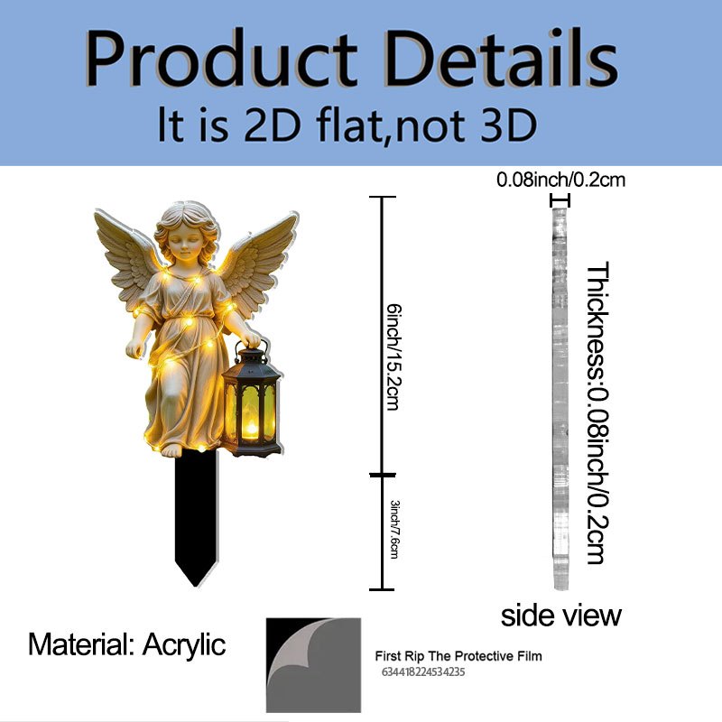 2D Flat, Angel Statue Garden Stake with Light-Up Lantern and Sharp Base - Self-Lit Outdoor / Acrylic Plant Flower Pot, Courtyard Decoration - Angel Holding Lantern, Durable Ground Stake (No Wiring Needed), 2D Flat