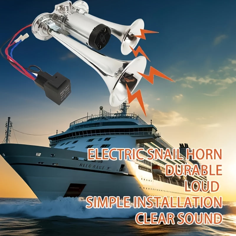 Large Truck Horn 12V High-Low Heavy Bass Super Loud Train Sound Boat Sound Air Horn Marine Dual Trumpet Horn with Built-in Air Compressor, Suitable for Ships, Cars, Trucks, Jeeps and Other 12V Vehicles