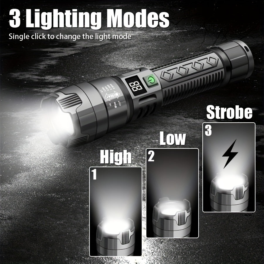 IPX6 USB Rechargeable New Flashlight, Long Lasting Battery, Multiple Adjustable Brightness Modes, Ideal for Camping, Power Outage, Home Use, Night Fishing and Emergency Gear