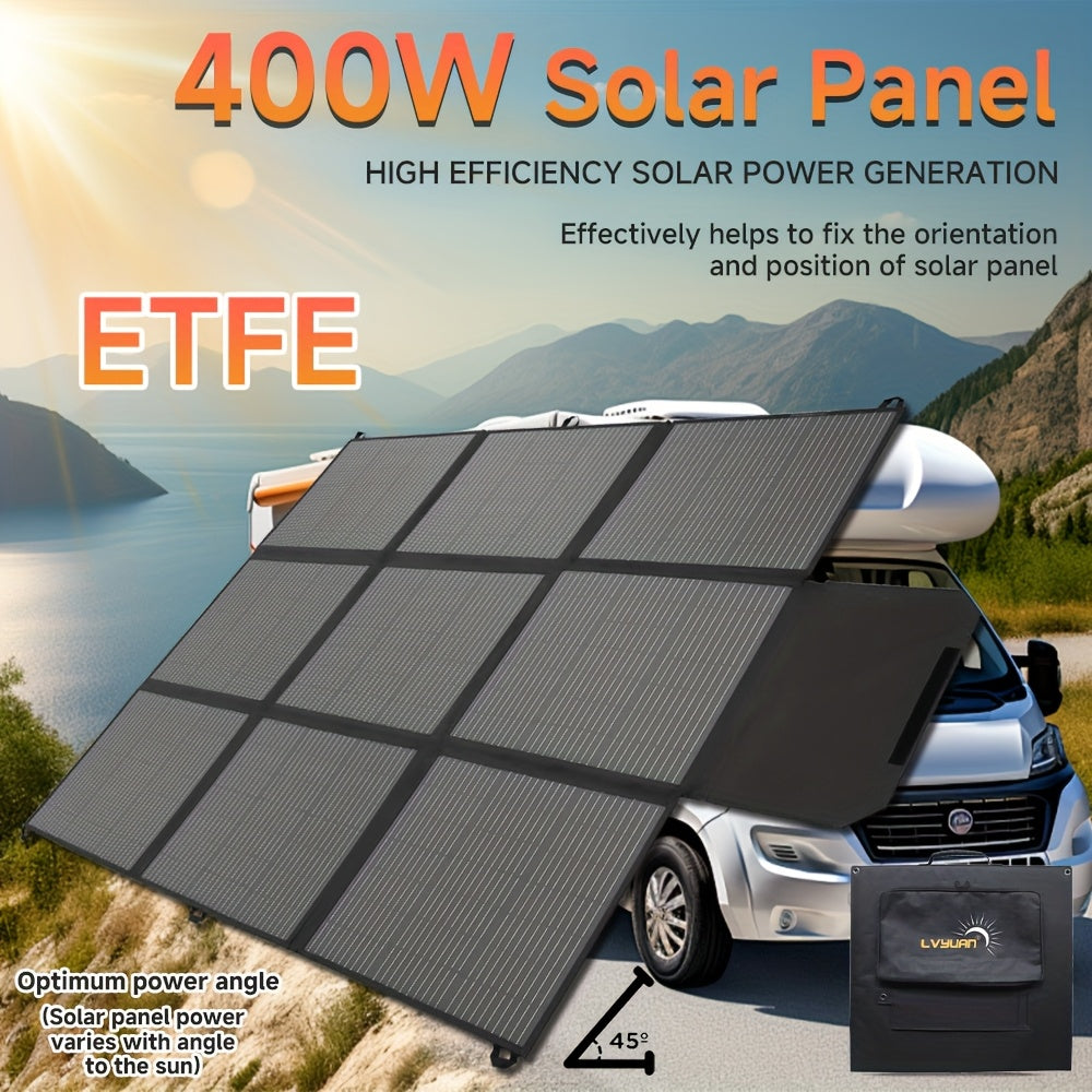 LVYUAN 可攜式太陽能板，提供 120W、200W、300W 和 400W 的選項，採用可折疊設計和高效單晶太陽能電池，效率高達 22.5%，非常適合戶外活動、船隻、露營