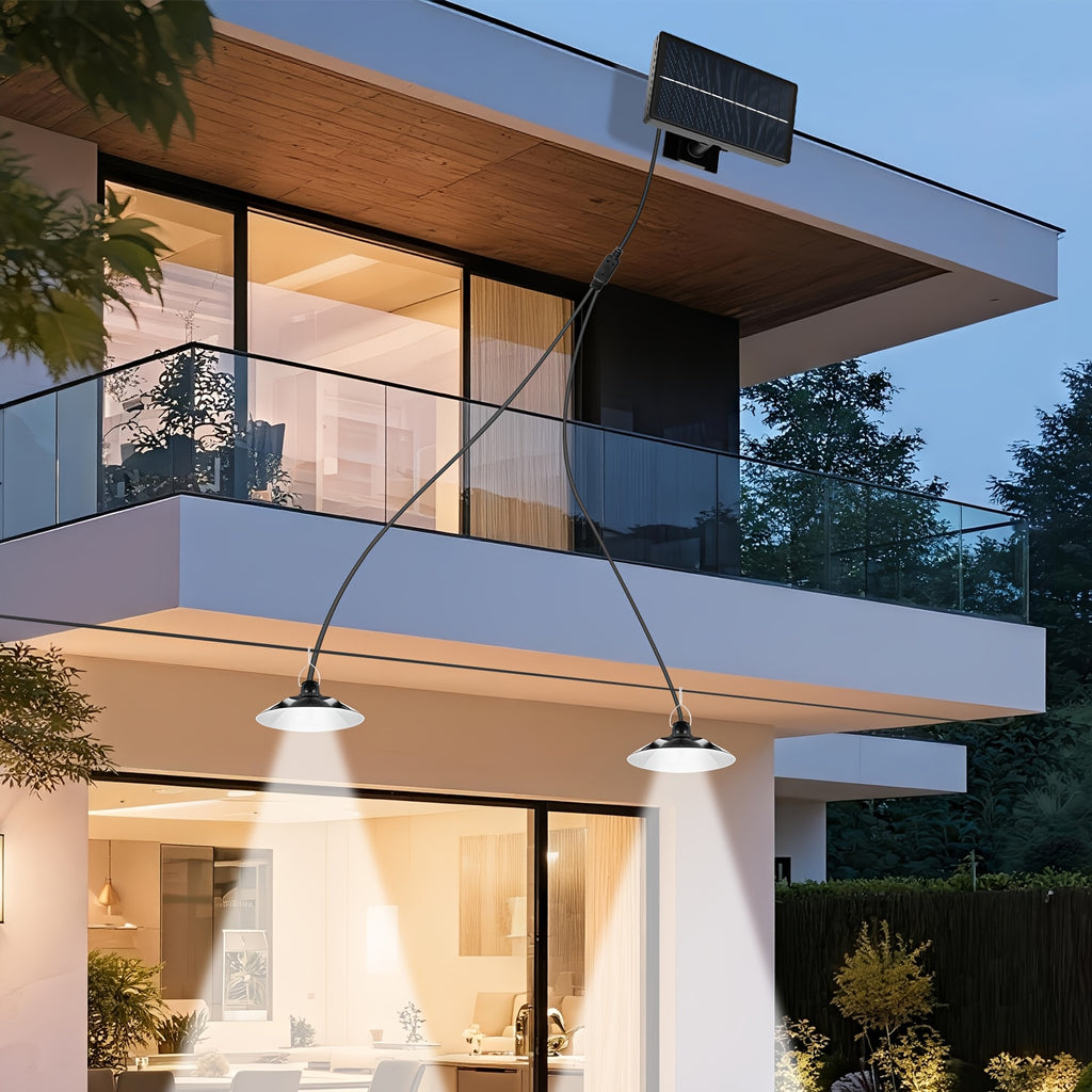 Dual-Head Hanging Light, Solar Powered, Indoor/Outdoor Universal - Classic Barn Style with On/Off Sensor - Perfect for Patio, Garage, Kitchen and Living Room