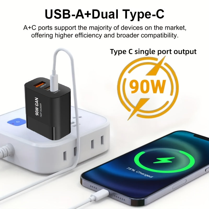 90W 3-port Fast Charging USB-C Charger, American Plug, Portable Charging Set