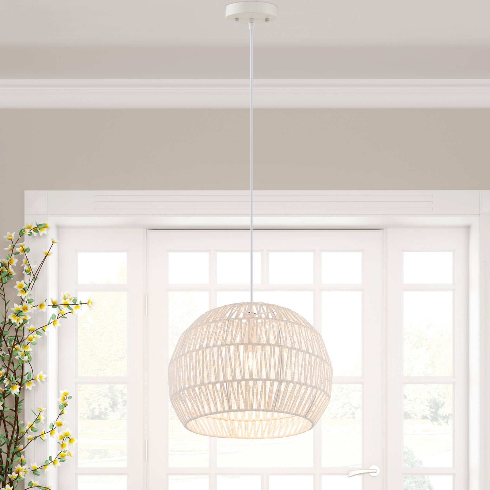Modern Handwoven Paper Pendant Light with Adjustable Hanging Rope and Removable Metal Frame and Woven Shade, Compatible with E26 Bulbs (Bulb Not Included), 120V Hardwired Ceiling Light, Suitable for Kitchen, Bedroom, Living Room