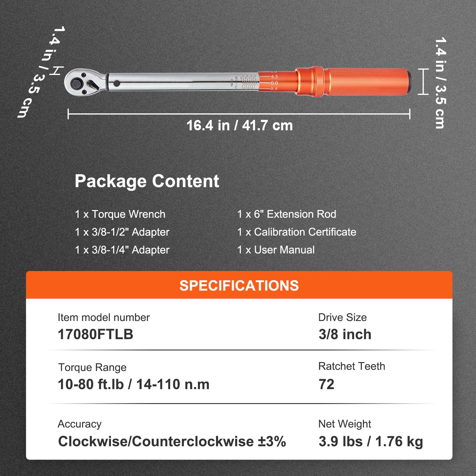 VEVOR Torque Wrench, 1/4“ / 3/8” / 1/2“ Drive Click Torque Wrench 10-80 ft-lbs / 20-200 in-lbs / 25-250 ft-lbs 3-23 Nm / 34-340 Nm / 14-110 Nm, Dual-Direction Adjustable Torque Wrench Set