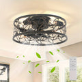Enncll Farmhouse Ceiling Fan with Light and Remote, 18 Inch Black Caged Bladeless Ceiling Fan Light, Flush Mount Fixture for Kitchen and Bedroom