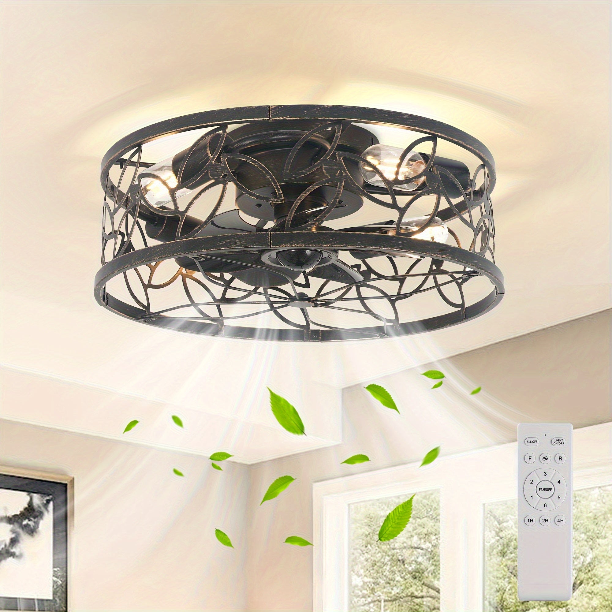 Enncll Farmhouse Ceiling Fan with Light and Remote, 18 Inch Black Caged Bladeless Ceiling Fan Light, Flush Mount Fixture for Kitchen and Bedroom