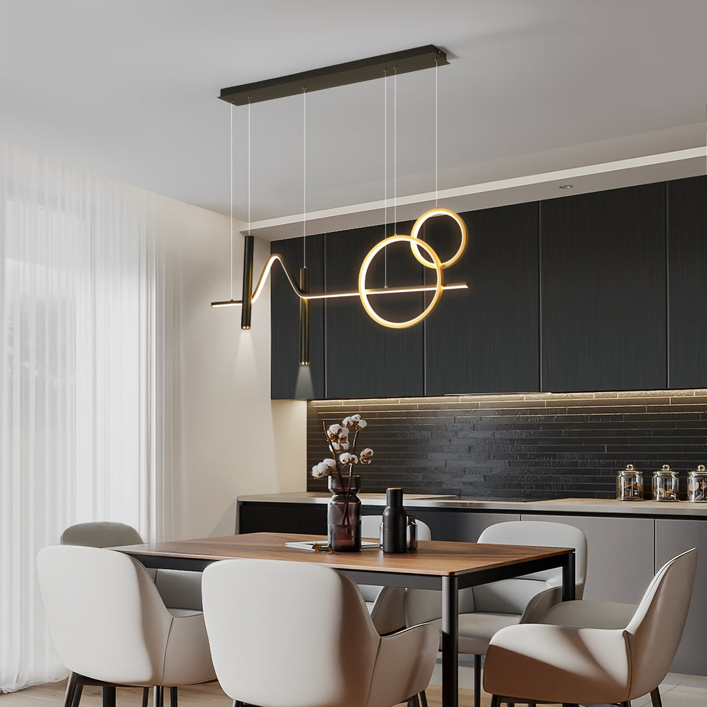 Enkerr modern gold dimmable LED pendant light, with remote control, adjustable color temperature (warm light/cool light), linear wave shape, compatible with spotlights (wall switch control), suitable for island, dining room, living room