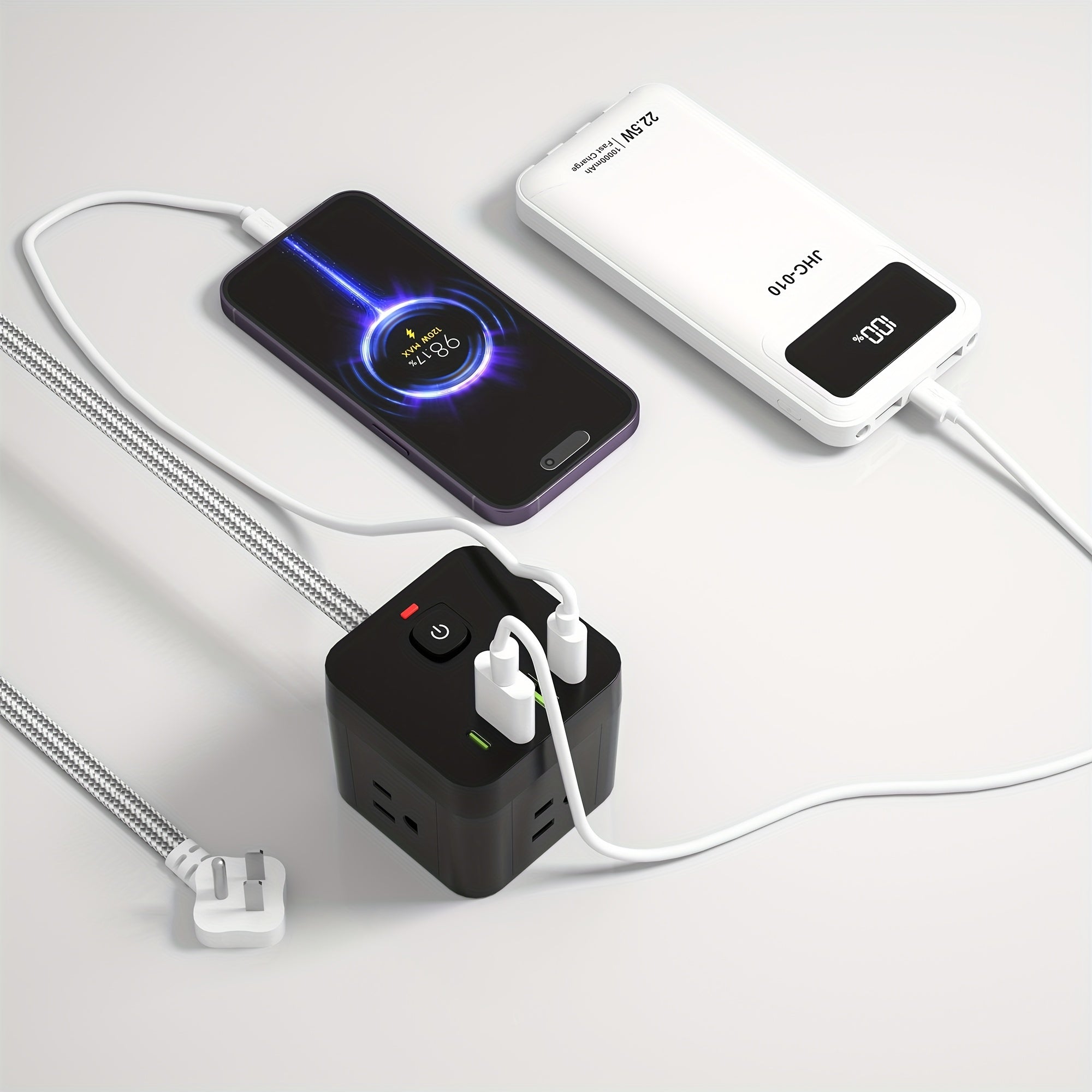 Compact Wall Outlet Featuring a 1.5-Meter (5-Foot) Extension Cable, Designed to Meet American Standards. It Comes with Two Sets of 8-In-1 Versatile Sockets, an Individual Power Switch for Each Socket, And a Surge Protection Feature
