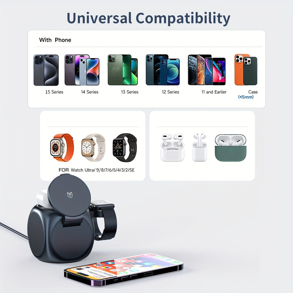 3-in-1 Magnetic Wireless Charging Station with 15W Fast Charging, All-in-One Charger for iPhone 15 14 13 12, for Samsung S24/S24/S22/S21, for Pixel, for Apple Watch & Smart Watch, for AirPods & Earbuds, Desktop Magnetic Charger