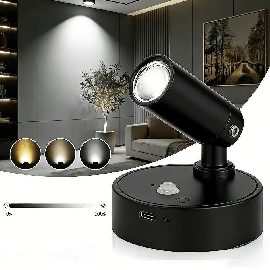 2-pack rechargeable wireless LED spotlights, premium black and white color scheme, 3-color temperature lighting, adjustable brightness, 500mAh wall light, suitable for oil paintings, plants and bedrooms