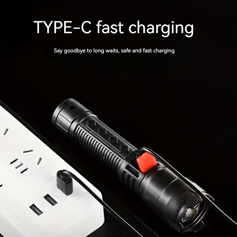 2Pcs Set Type-C USB Rechargeable LED Flashlights, Compact Non-Slip Design, Lightweight Material, Zoomable Focus & Battery Indicator, 3 Lighting Modes High-Low-Strobe, Ideal for Outdoor Activities Camping Fishing
