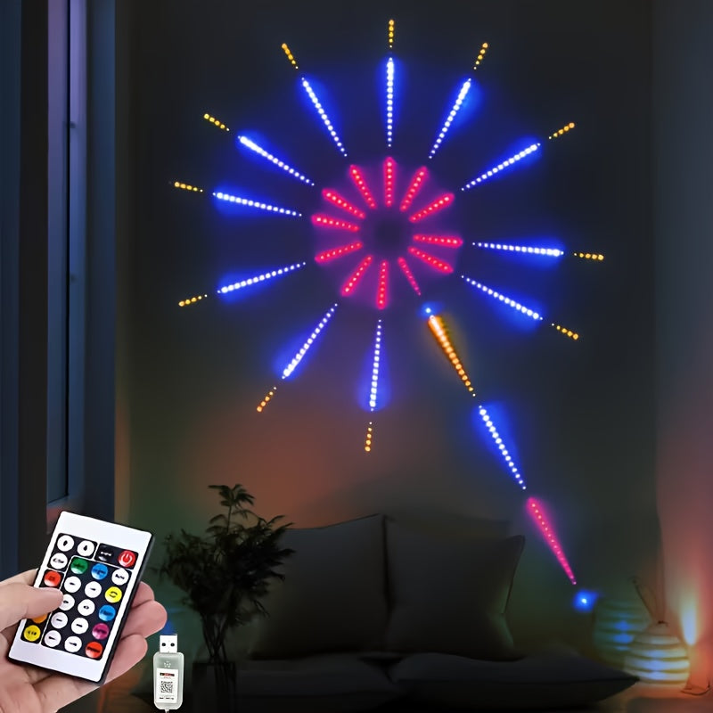 RGB 智能烟花灯带，遥控器控制，多种灯光模式，音乐同步RGB ，梦幻色彩LED灯条USB接口供电 – 适用于室内派对、圣诞装饰、智能家居装饰氛围，节日送礼的完美选择