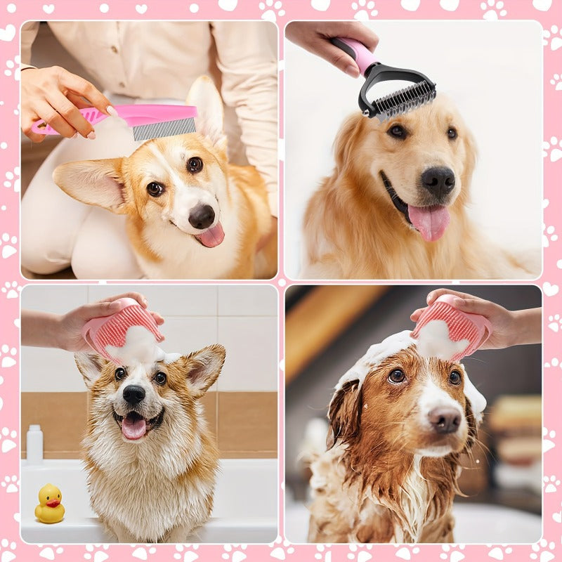 1件套狗狗刷美容套装宠物自清洁套装带宠物指甲剪和锉刀跳蚤梳宠物洗发浴刷宠物脱毛刷宠物除毛梳硅胶牙刷，一件