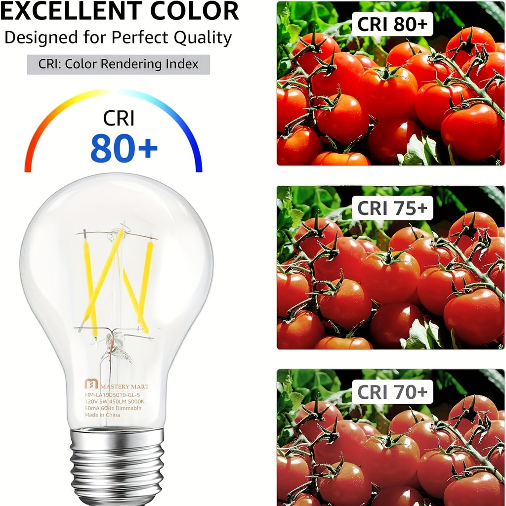 90-pack (5W/40W equivalent) dimmable LED bulb - A19 clear glass tube, E26 screw base, 5000K daylight white, CRI 80+, high energy efficiency, suitable for office and dimmable fluorescent replacement (cost-effective)