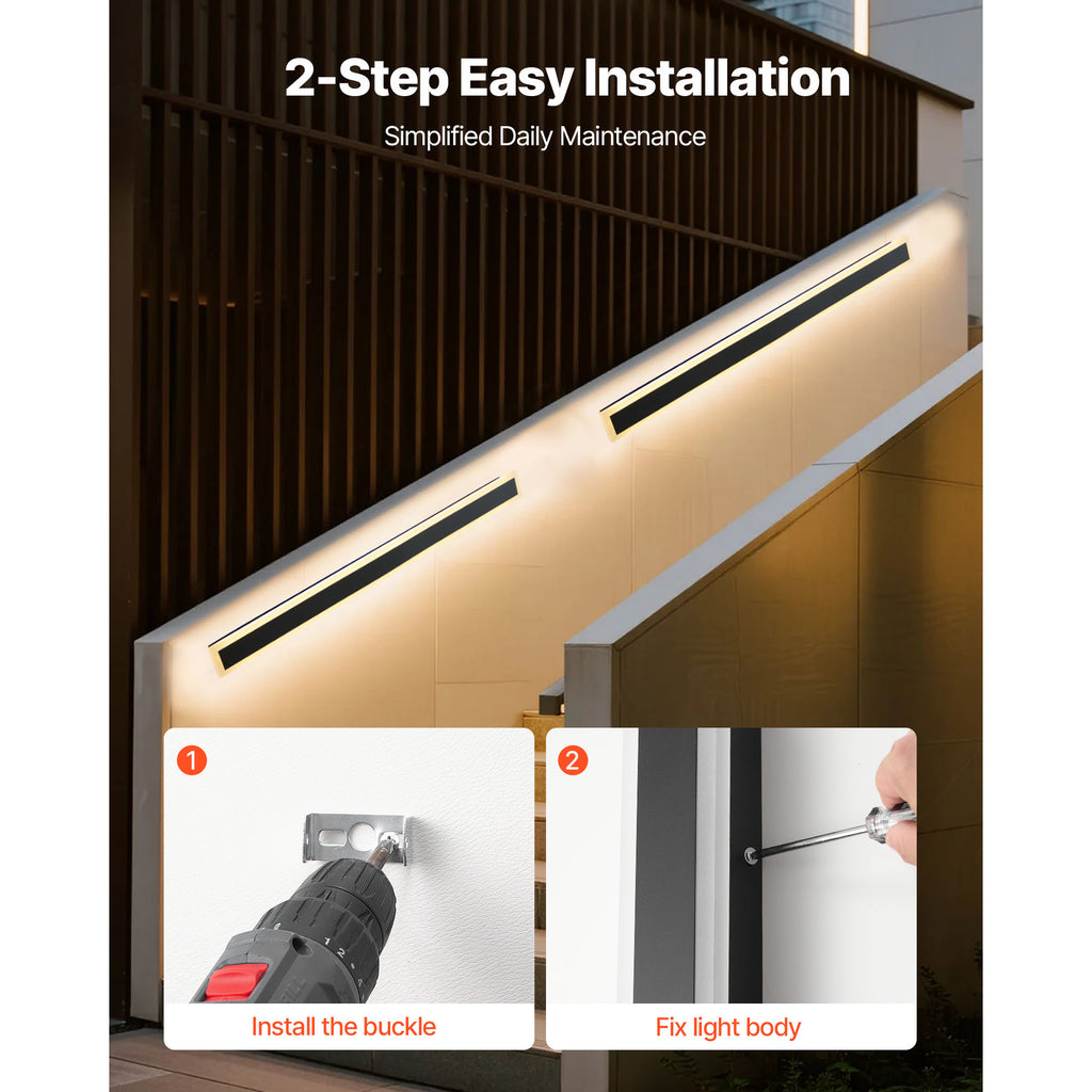 VEVOR Outdoor Wall Light, 1-Pack / 2-Pack, 23.6-Inch / 31.5-Inch / 39.4-Inch Long Strip Modern Exterior Wall Light, 3000K Warm White Light, Rust-Proof Outdoor Wall Mount Light, Suitable for House, Porch, Garage