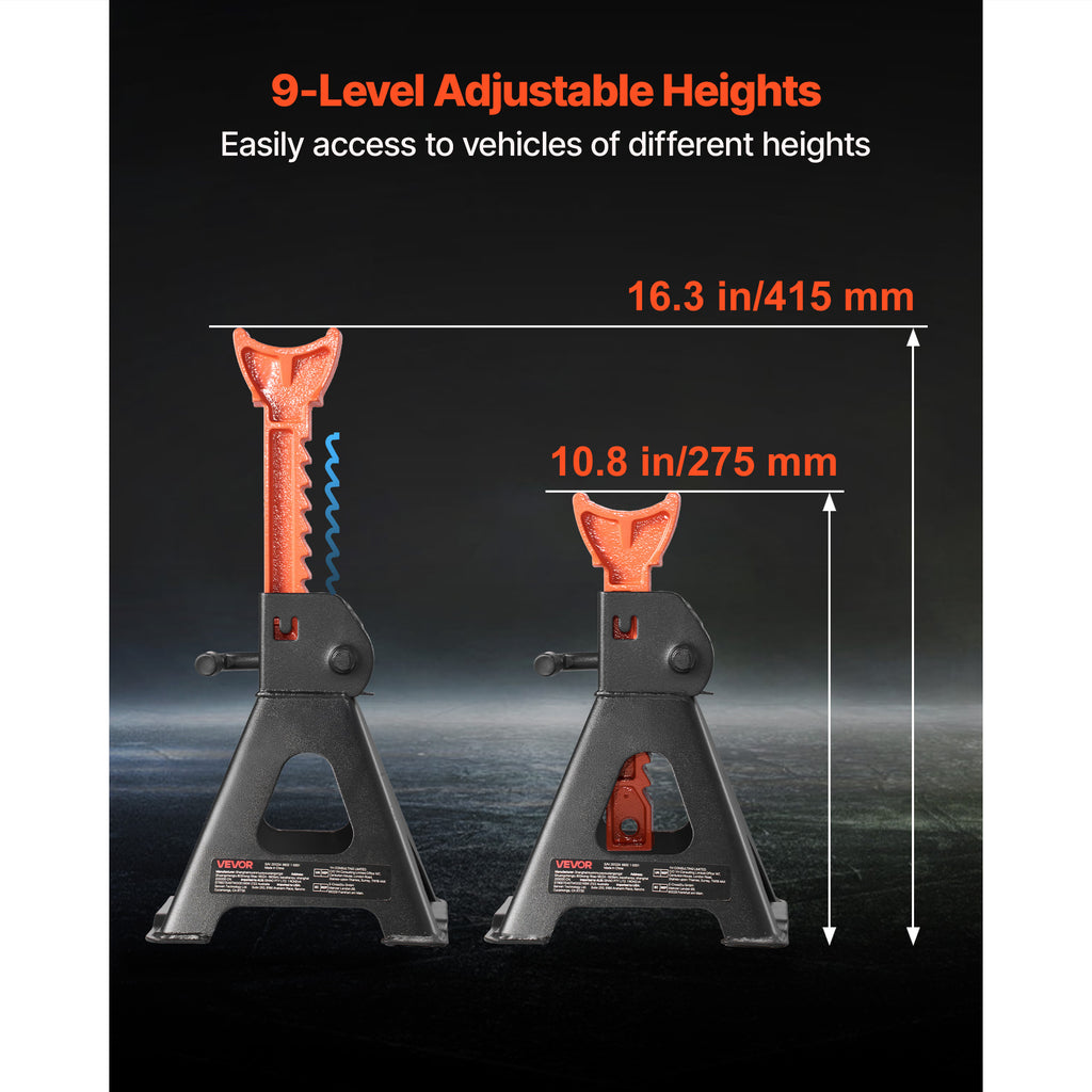 VEVOR Pneumatic Jack, 3 Ton (6,600 lbs) Capacity, 10.8-16.3 Inch Adjustable Height, Heavy Duty Steel Car Jack Stand with Locking Function for Lifting SUV, Pickup, Car & UTV/ATV, 1 Pair, Black & Orange