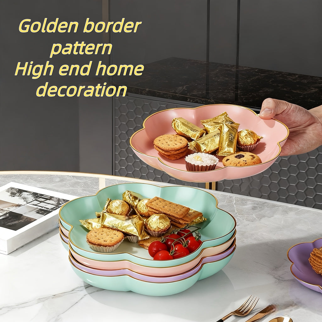 3-Piece Gold Rim Floral Fruit Bowl & Cake Stand Tray Set, New Year Candy Tray – Perfect for Afternoon Tea or Party Food, Outdoor, Hotel – Ideal for Living Room Decor, Family Dinner Table Fruit Bowl, Dessert Plate