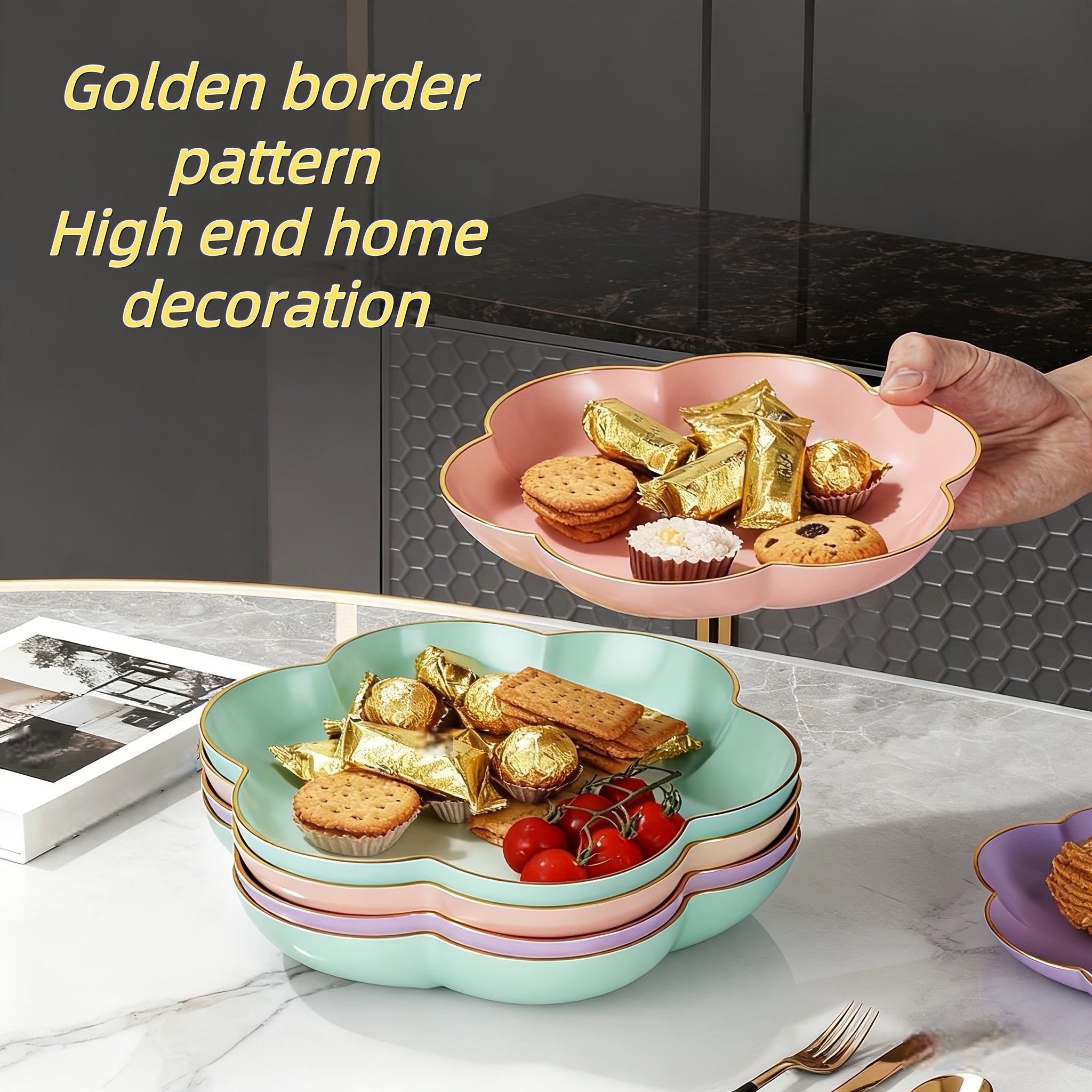 3-Piece Gold Rim Floral Fruit Bowl & Cake Stand Tray Set, New Year Candy Tray – Perfect for Afternoon Tea or Party Food, Outdoor, Hotel – Ideal for Living Room Decor, Family Dinner Table Fruit Bowl, Dessert Plate