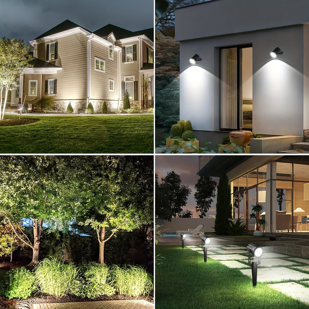 Outdoor solar spotlights, available in 2/4-pack, offering warm white and cool white options, suitable for landscaping, Christmas decoration, and illuminating yards, trees, gardens, ponds, and pool areas