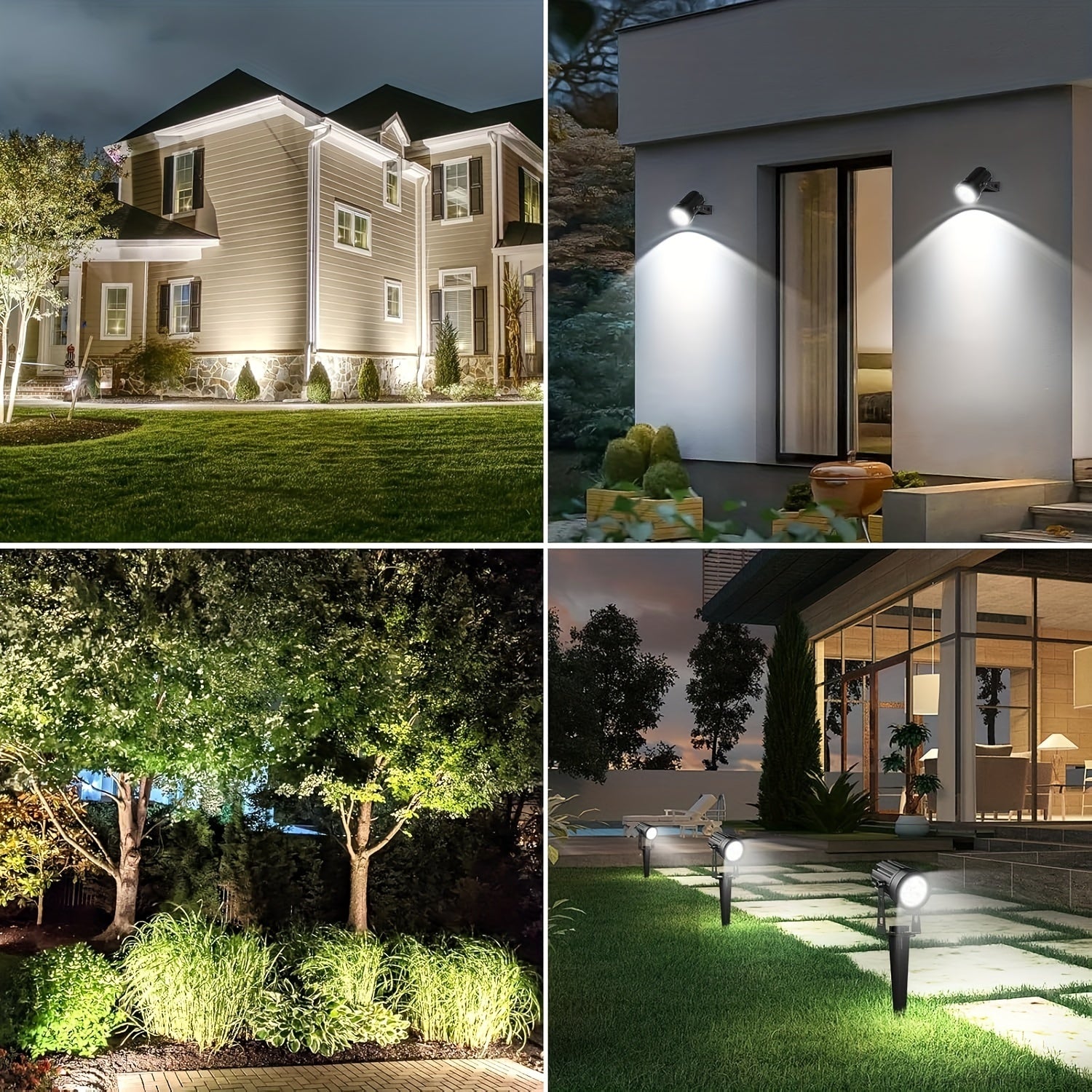 Outdoor solar spotlights, available in 2/4-pack, offering warm white and cool white options, suitable for landscaping, Christmas decoration, and illuminating yards, trees, gardens, ponds, and pool areas