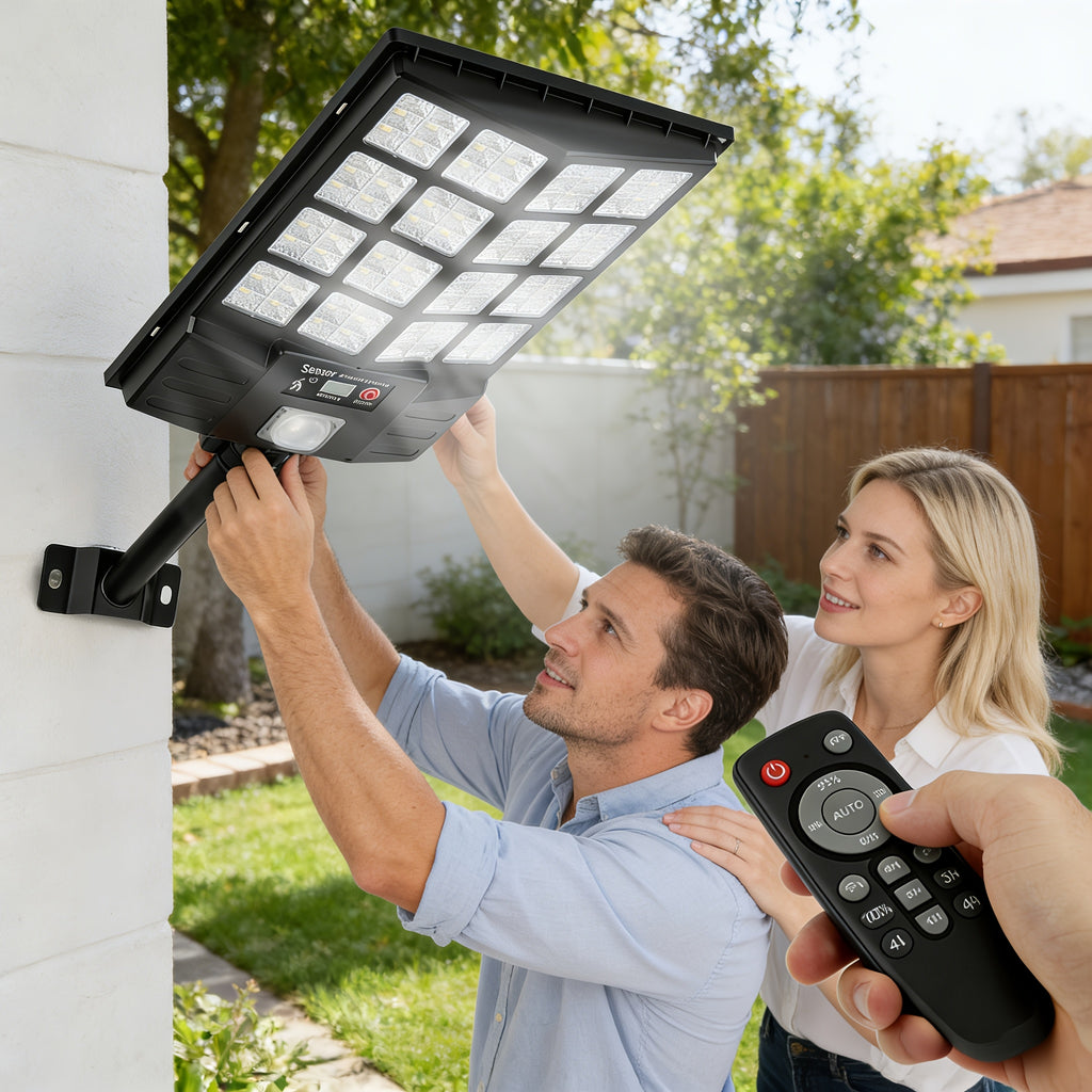 Solar Outdoor Street Light, Solar Floodlight with Motion Sensor and Remote Control, Solar Floodlight for Garden, Courtyard, Pathway, Parking Lot
