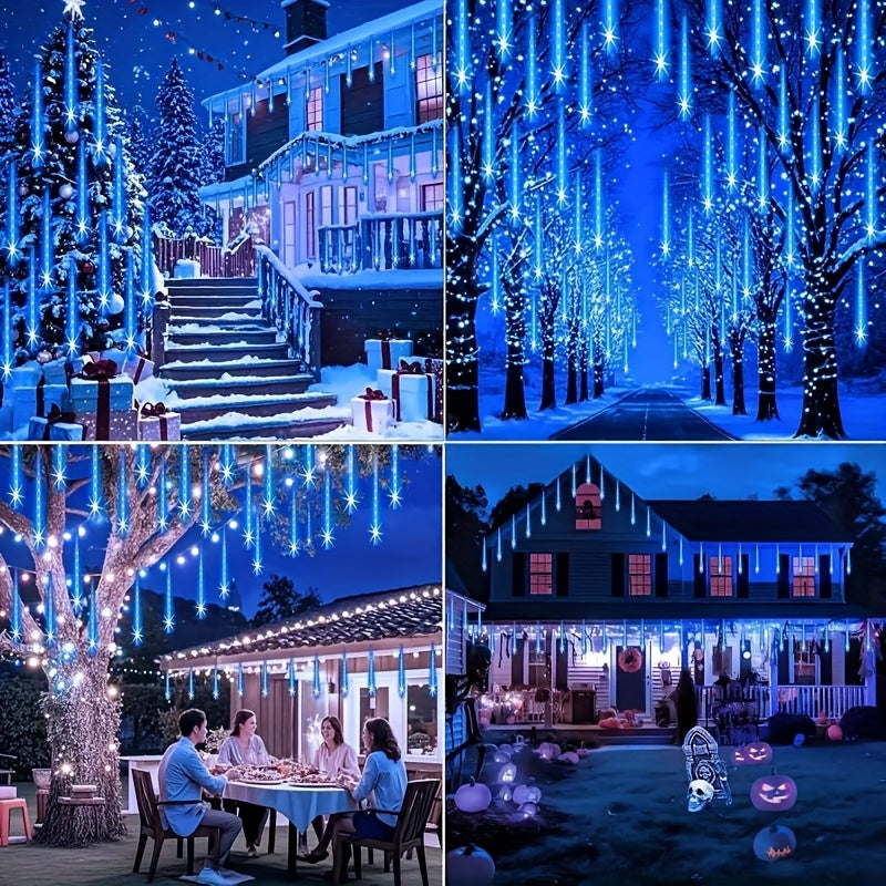 1 piece 30cm/11.81inch or 45cm/17.72inch solar meteor tube light outdoor, automatic on/off, smart light sensor, 192LED/288LED 8-tube hanging solar fairy light, IP65 high quality, suitable for garden, wedding, Christmas, Halloween, party