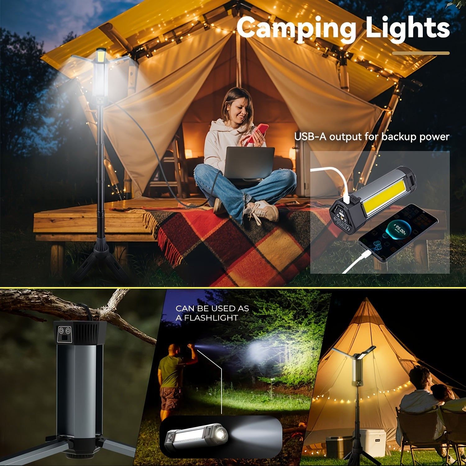 LED work light with tripod, 6000mAh battery, rechargeable flashlight, magnetic base, 10 lighting modes, portable camping light, rotating spotlight, suitable for commercial use, auto repair, garage work
