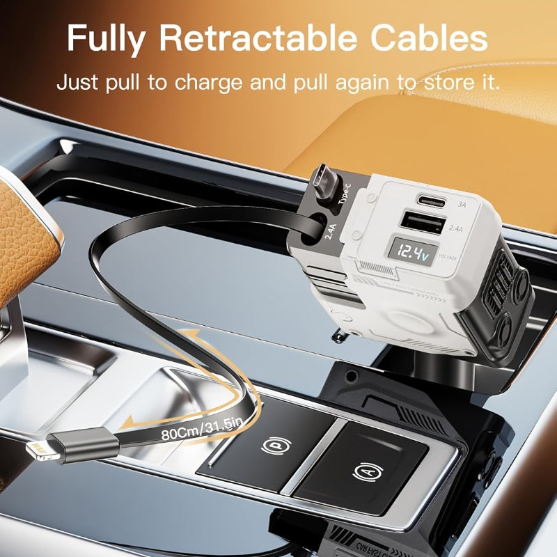 A Stylish Mech Car Charger That Offers Fast Charging, Supports Simultaneous Charging of Four Devices, Includes Two Retractable Cables, Features 180-Degree Rotation Adjustment, Has a Voltage Display Function