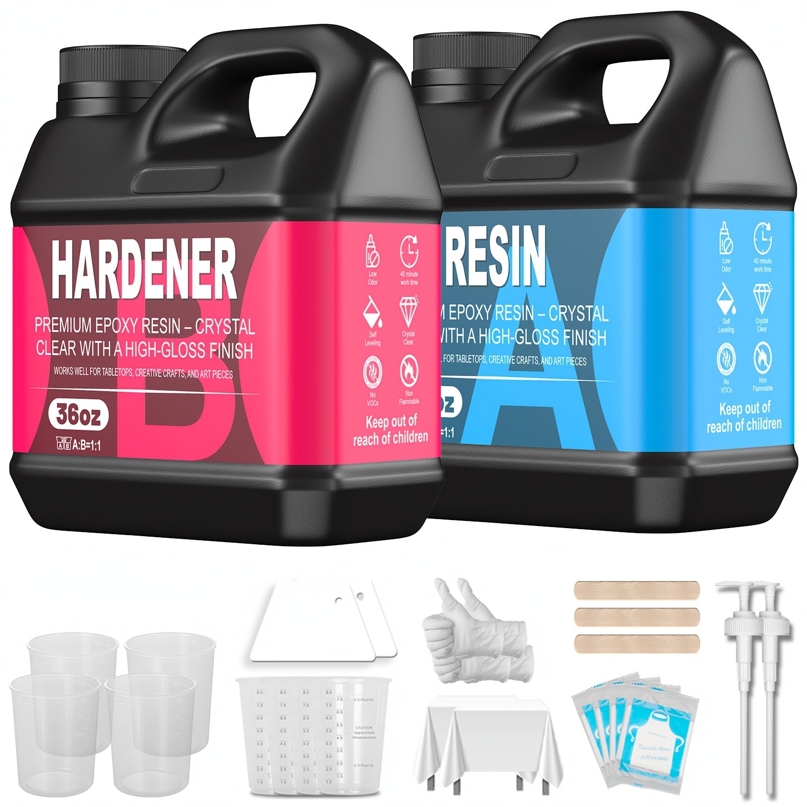 72oz 水晶透明环氧树脂套件，快速固化、无气泡、不泛黄、二组分环氧树脂AB胶，适用于涂层、浇铸、台面、河流桌、木制品，包含树脂耗材及配件，DIY手工艺品，72oz/32oz