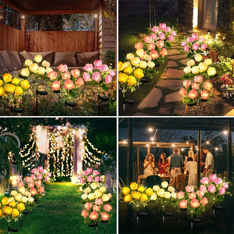 Solar 7-Head Rose Flower Light Outdoor Artificial Flower Light Solar Garden Light Outdoor Decoration for Courtyard, Garden, Path, Backyard, Lawn Ground Insert Light