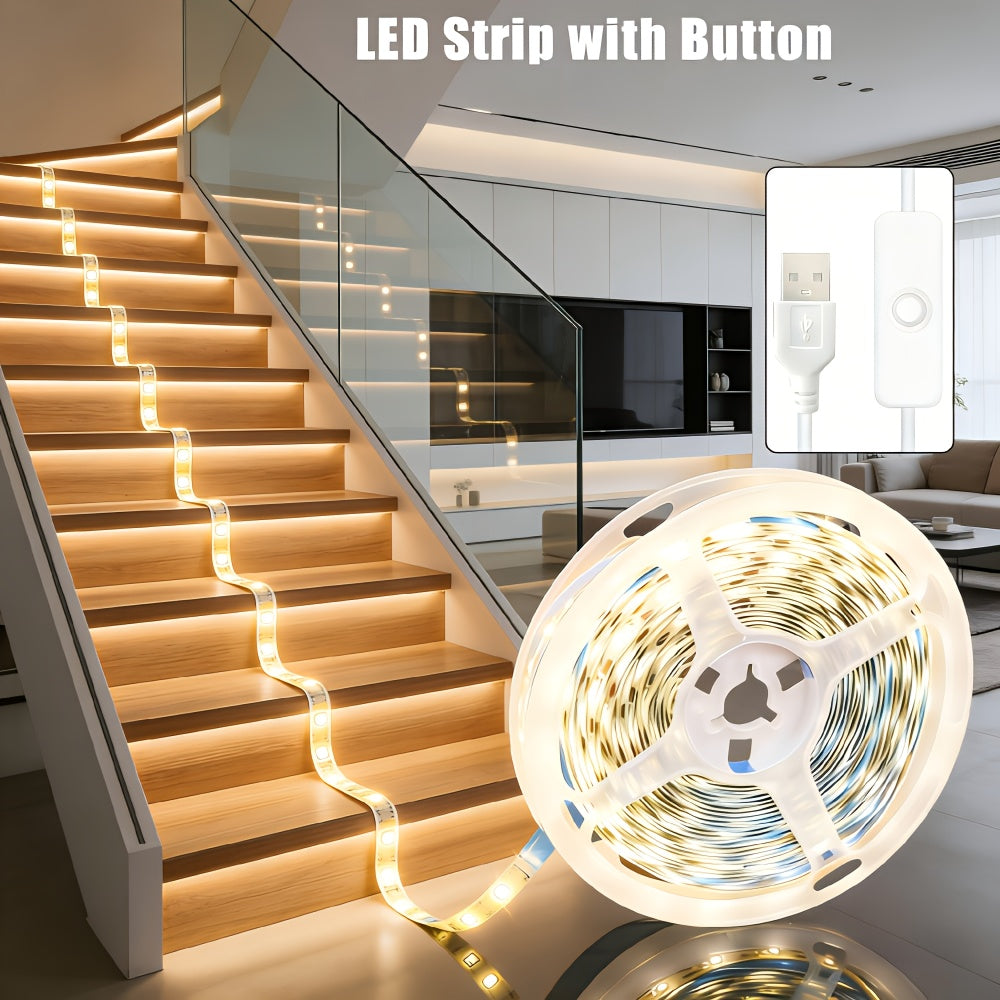 USB供电5V LED灯带，按钮开关，可裁剪自粘柔性灯条，高亮柔光，3.28-32.81英尺，适用于舞台照明、衣柜、小隔间、书桌、梳妆镜、工艺室、家庭活动装饰