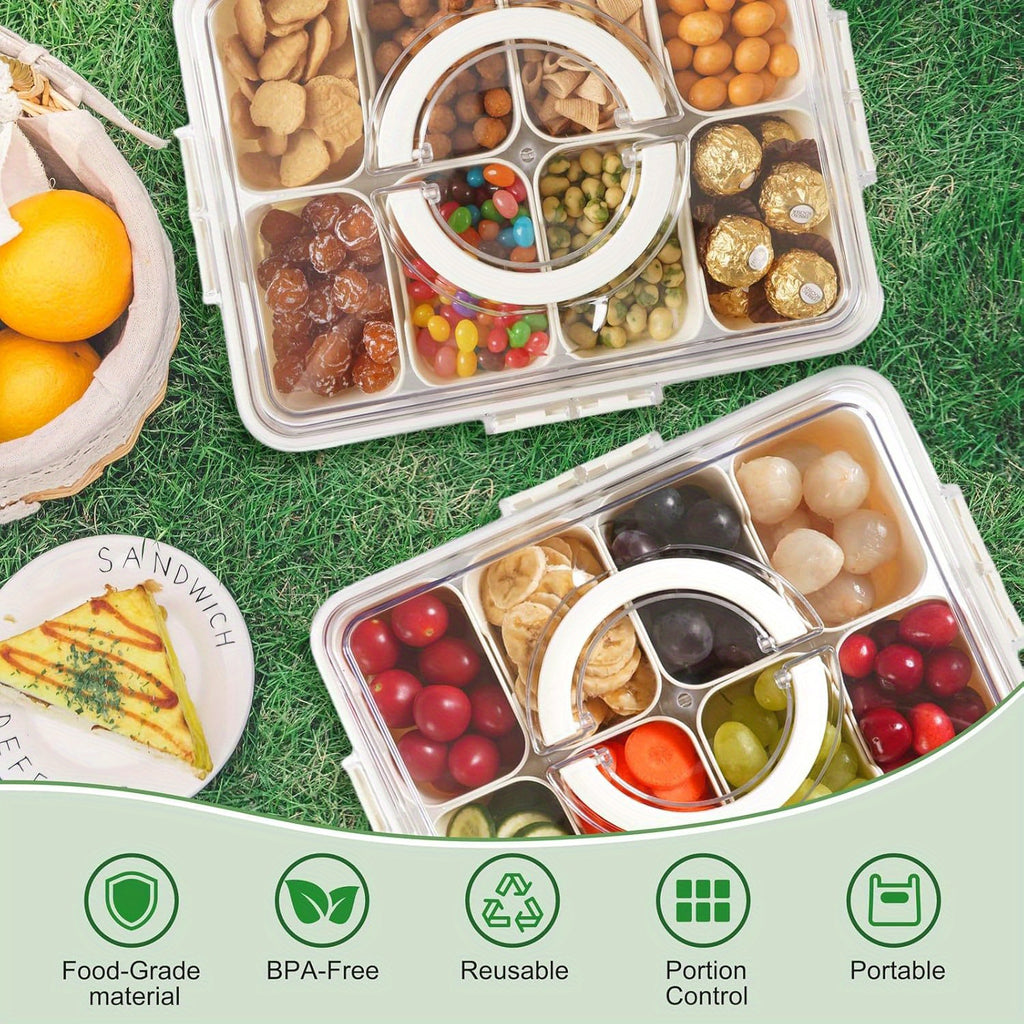 1/2 Pack Divided Tray with Lid and Handle, 8-Grid Freezer Plastic Snack Box, Transparent Portable Snack Box with Buckle Lid, Perfect for Fruits, Vegetables, Salad, Nuts, Ideal for Travel, Camping, Picnic and Lunch Box Organization