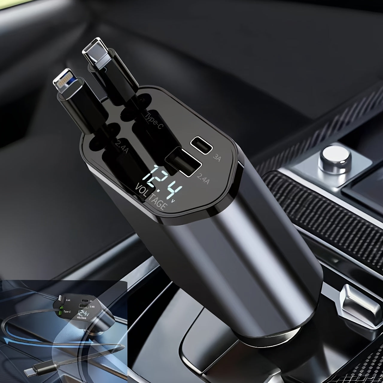 A 4-In-1 Fast Car Charger Adapter with 66W Quick Charging, Featuring 2 Retractable Phone Charging Cables (Type-C And Ios) And 2 Ports (USB-A And USB-C), Compatible with Iphone 16/15 Pro Max/14/13/Pro Max 12, a Must-Have for Vehicles.