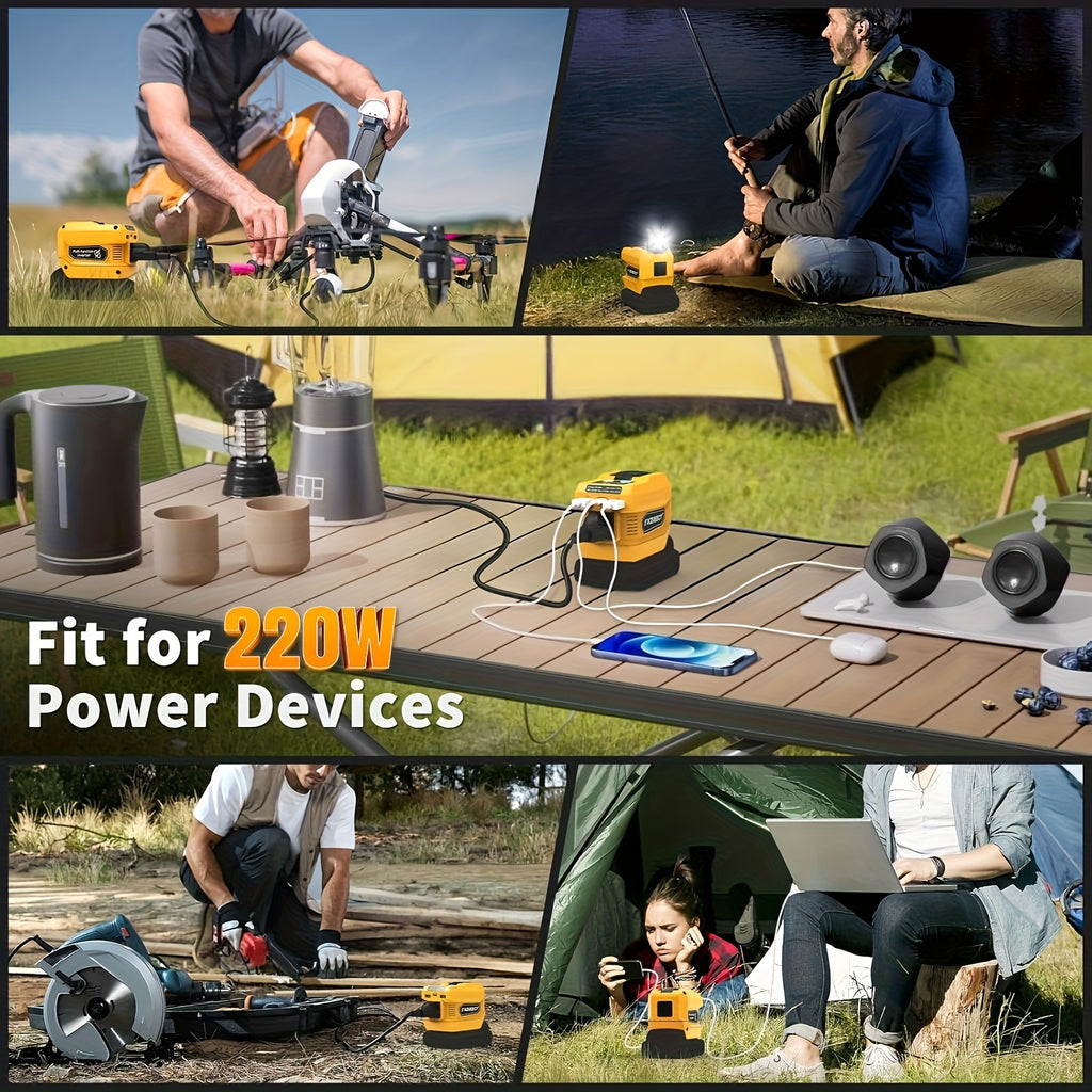 与得伟18V/20V电池兼容的电源逆变器，直流20V转交流110V便携式发电站，配备2个USB接口、1个Type-C接口及1个交流插座，400流明照明灯（不含电池）