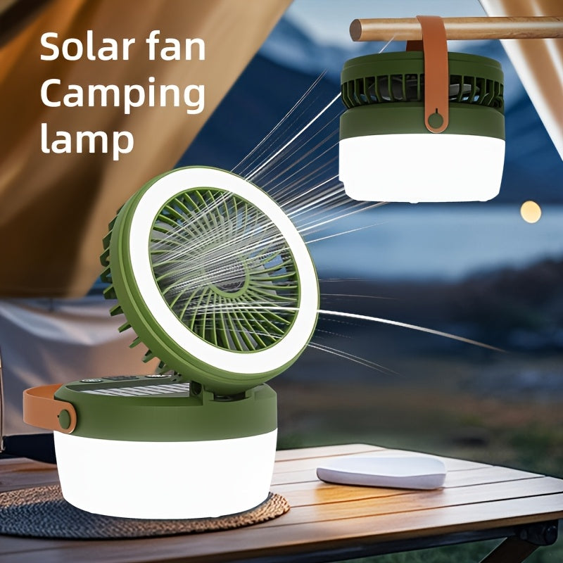 3000mAh Solar Camping Fan, Outdoor Fan with Solar Panel, Portable LED Light Fan, Handheld & Hanging Mini Fan, USB Rechargeable Quiet Fan with Emergency Power Bank, Ideal for Camping Picnic Barbecue Fishing, Supports Phone Charging