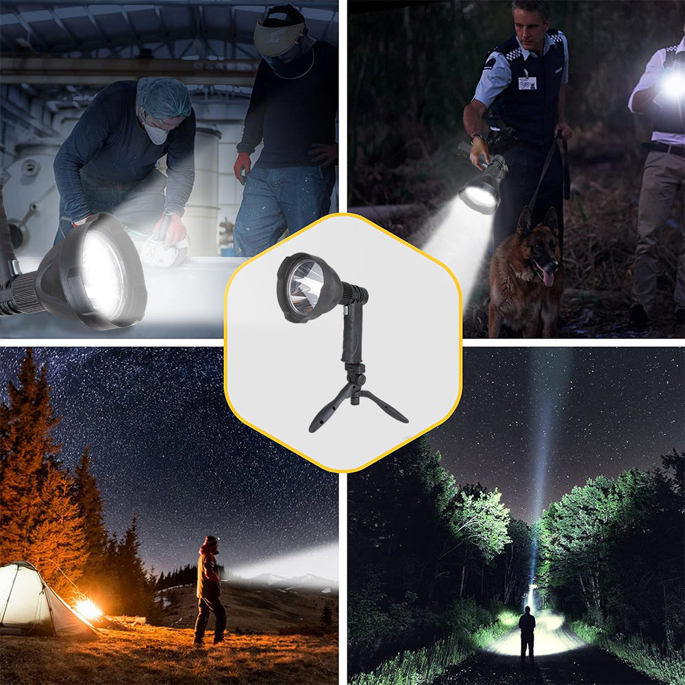 Professional spotlight - 1000 lumen LED rechargeable flashlight with 360° adjustable tripod, USB-C fast charging & 3 lighting modes, portable handheld spotlight suitable for camping, hunting, emergency and work (tripod included)