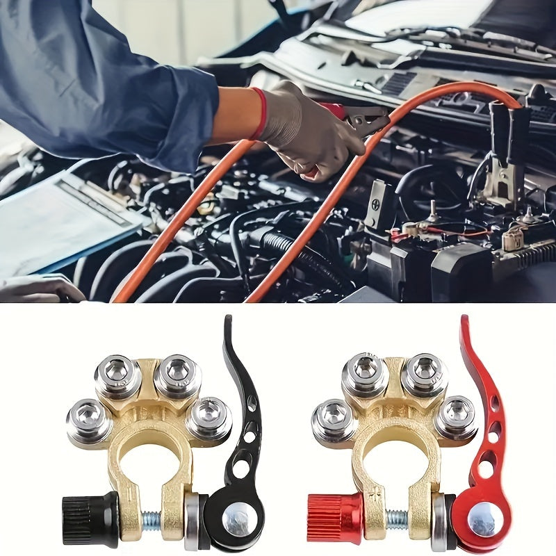2-Piece Heavy Duty Brass Battery Terminal Connectors - 4-Way Quick Disconnect for Car, Truck & Marine