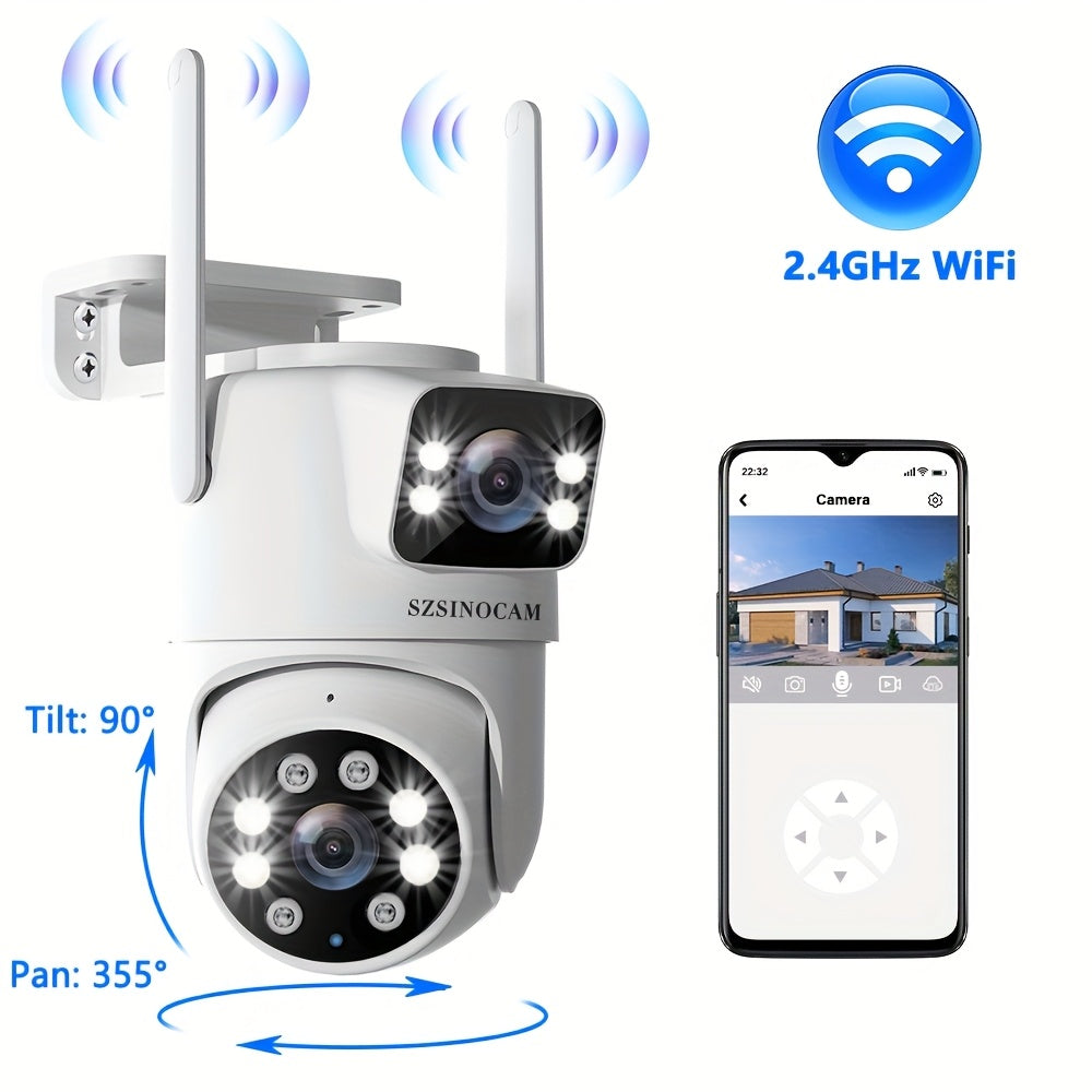 SZSINOCAM 双镜头无线安全摄像头，带云台、夜视、移动侦测、双向通话和Wifi连接 - 720P摄像头，USB充电，用于户外监控