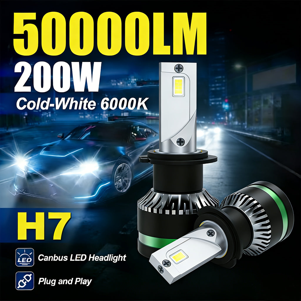 2Pcs H1 H7 H11 9005 9006 9012 H4 H13 9007 9004 LED Car Headlights, Bright 3570 CSP Chip 6000K White 50000 Lumens 200W High/Low Beam Fog Light Fast Heat Dissipation Plug-and-Play, Headlight Replacement