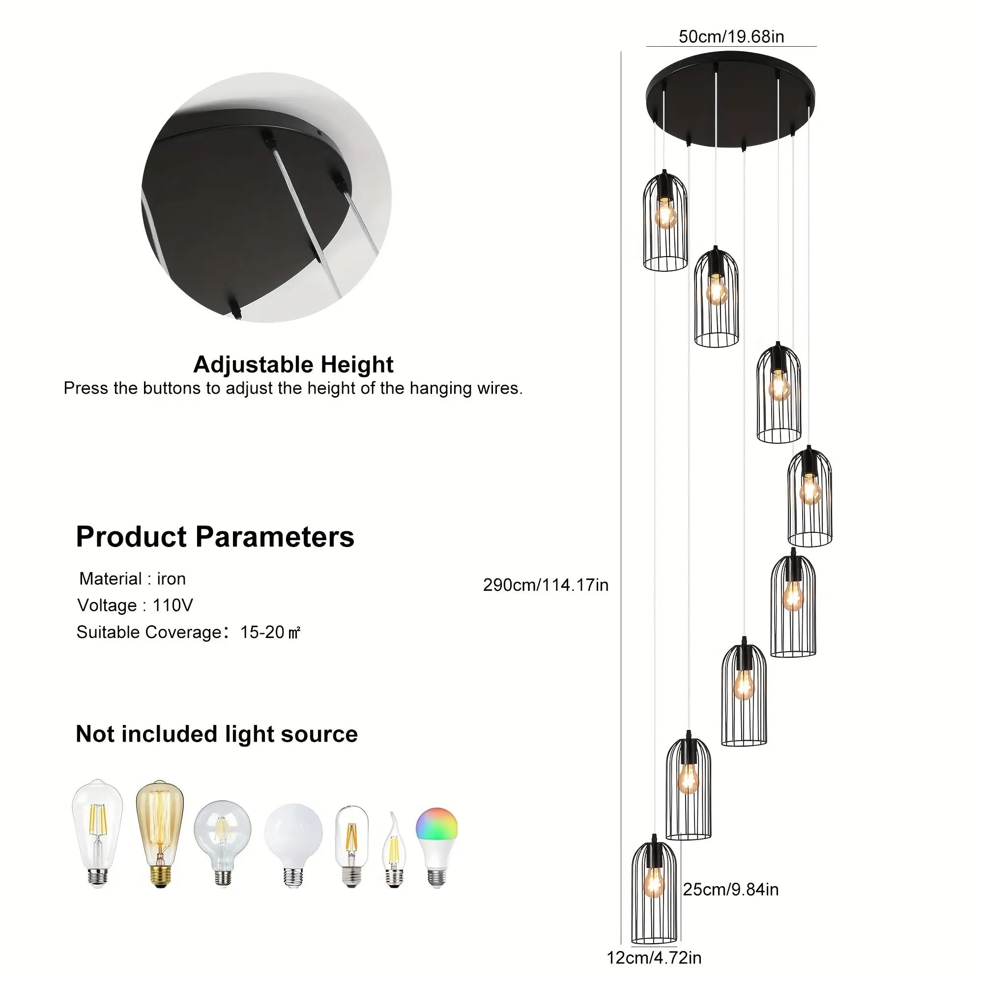 Modern staircase pendant light - extra long 114.2 inches (290 cm) hanging staircase light fixture, semi-flush mount or hanging, hardwired, no battery needed, suitable for large staircases, living rooms, foyers, villas - modern home lighting